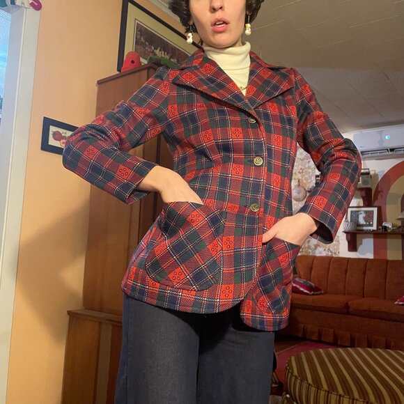 vintage Jackets & Blazers - 1970s metal button wyndham plaid pocket blazer - made in canada!